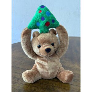 Vintage Brown Bear Holding Christmas Tree Plush Stuffed Animal 7" Super Cute